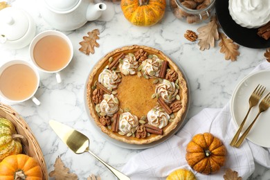 Flat lay composition with homemade pumpkin pie with whipped cream, seeds and cinnamon on white marble table