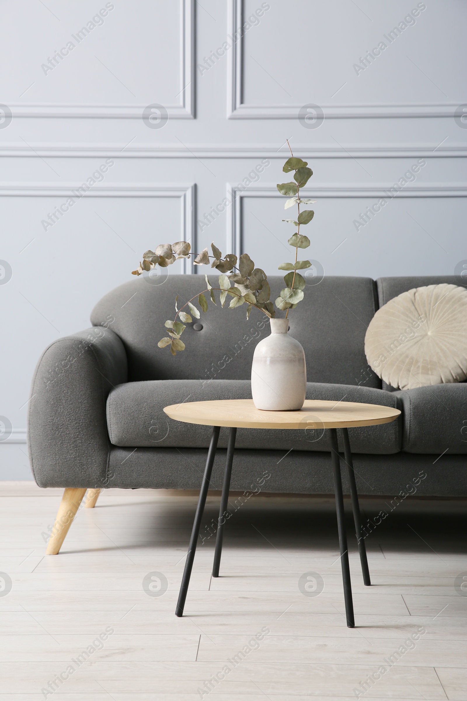 Photo of Stylish sofa with cushion and eucalyptus branches in vase on coffee table in room