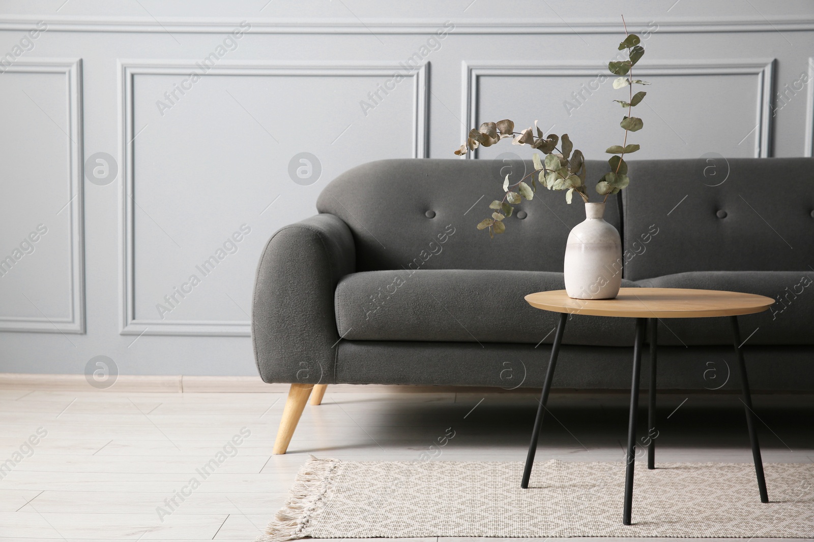 Photo of Stylish sofa and eucalyptus branches in vase on coffee table in room, space for text