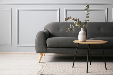 Stylish sofa and eucalyptus branches in vase on coffee table in room, space for text