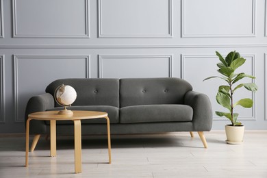 Stylish sofa, green plant and globe on coffee table in room