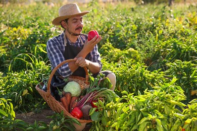 Photo of Harvesting season. Farmer holding wicker basket with fresh vegetables in field on sunny day