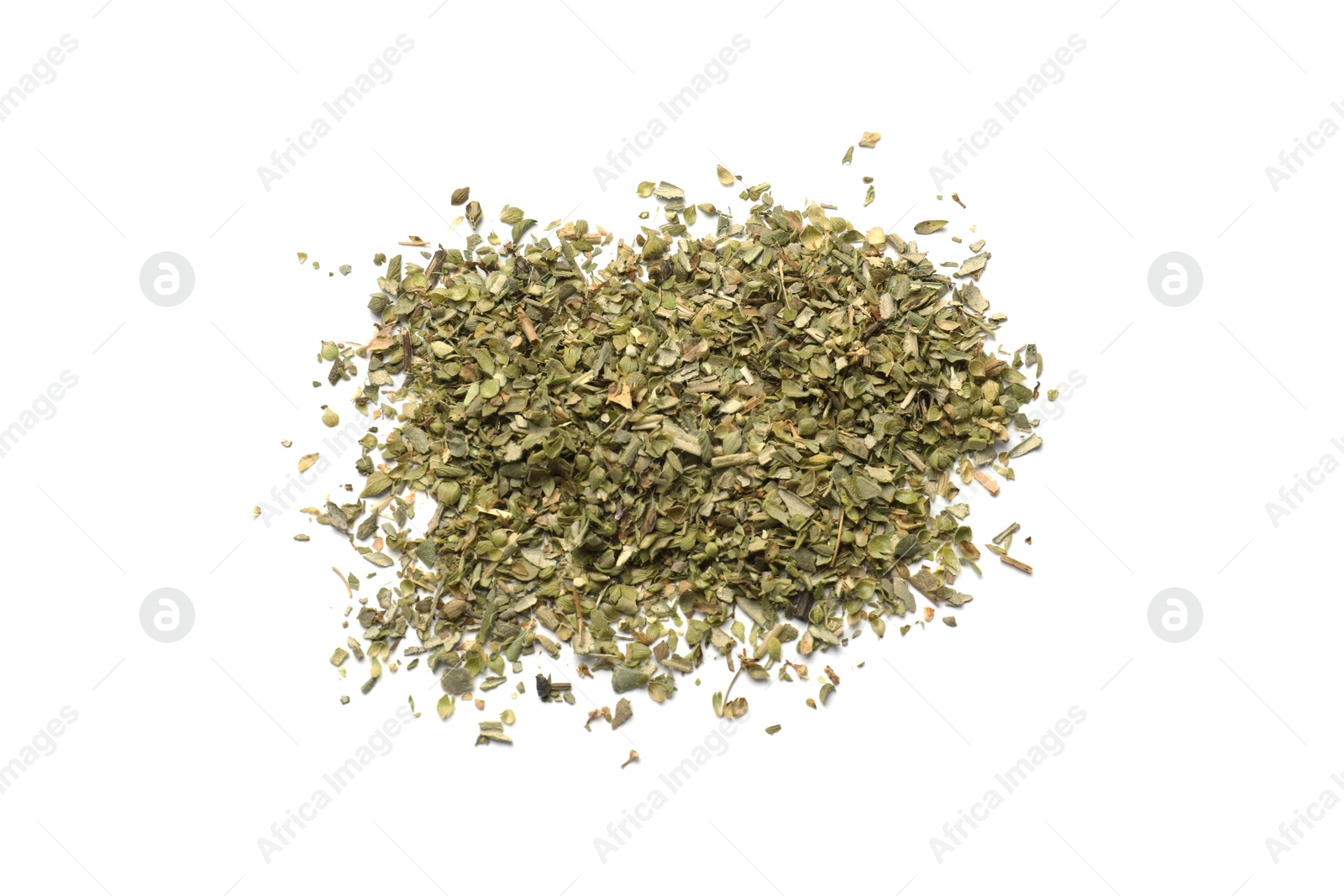 Photo of Heap of dried oregano isolated on white, top view