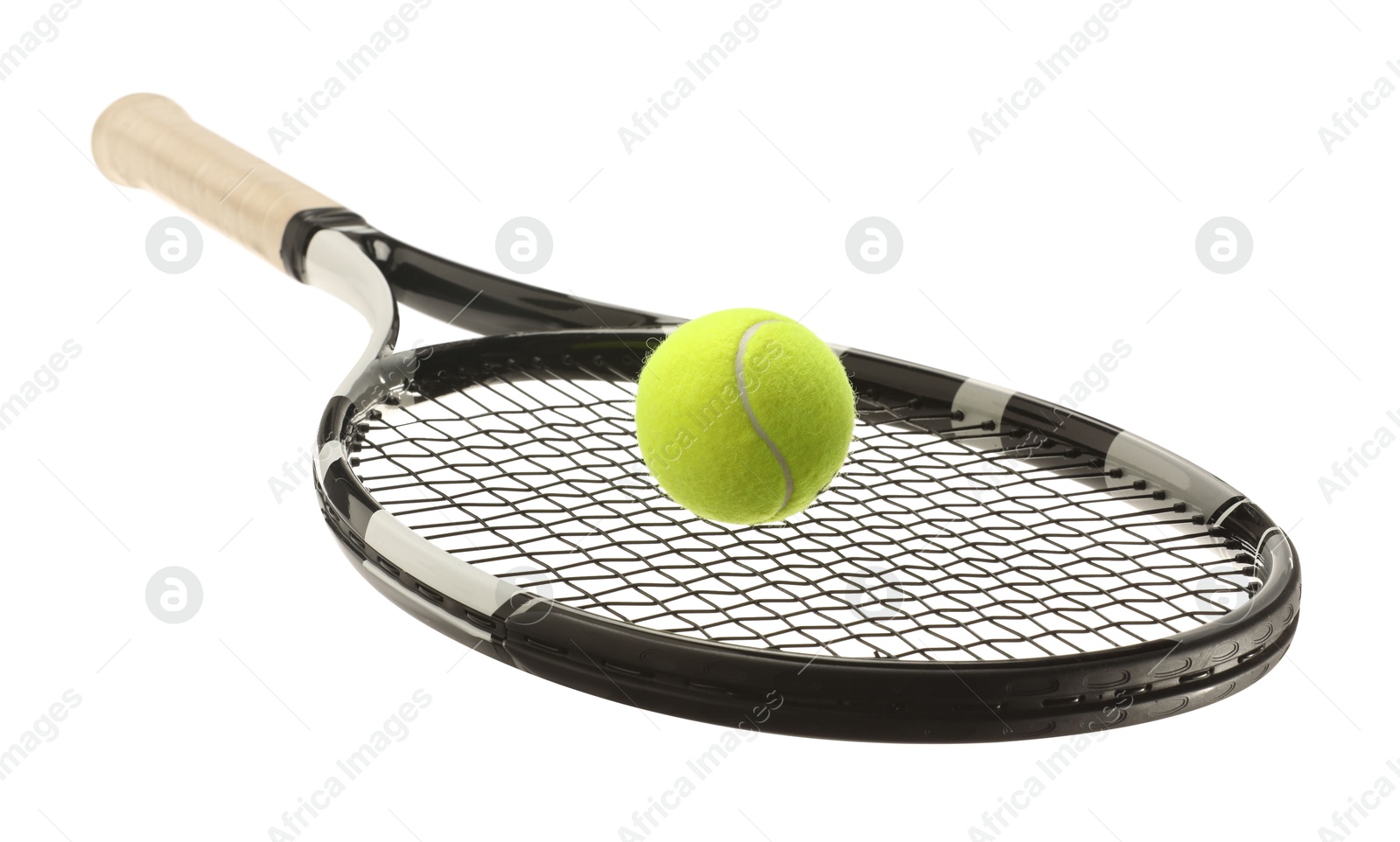 Photo of Tennis racket with ball isolated on white