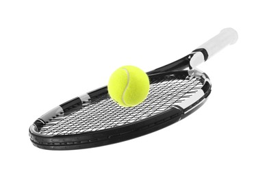 Photo of Tennis racket with ball isolated on white