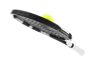 Photo of Tennis racket with ball isolated on white