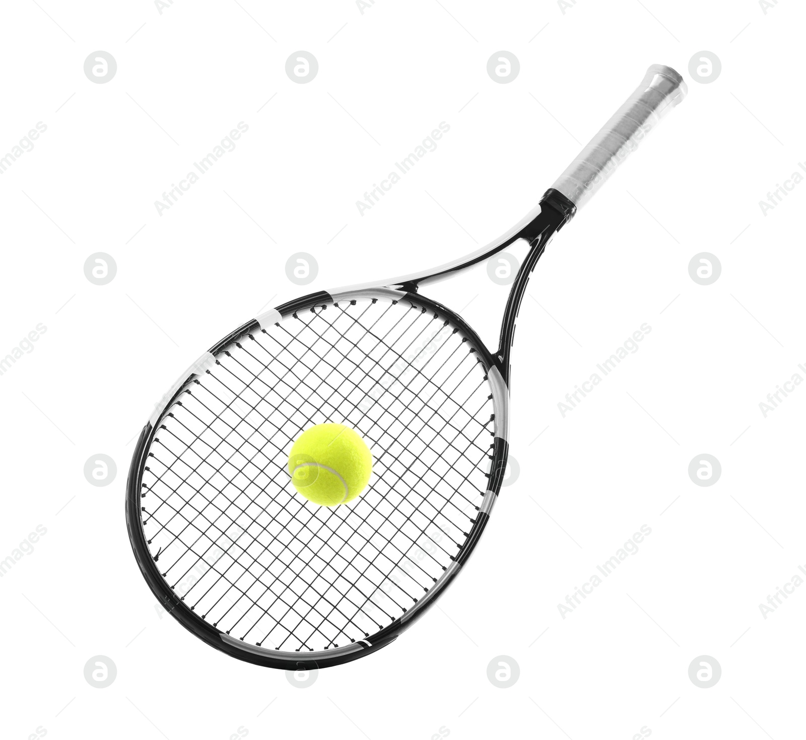 Photo of Tennis racket with ball isolated on white