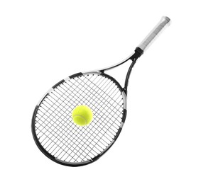 Photo of Tennis racket with ball isolated on white