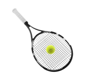 Photo of Tennis racket with ball isolated on white