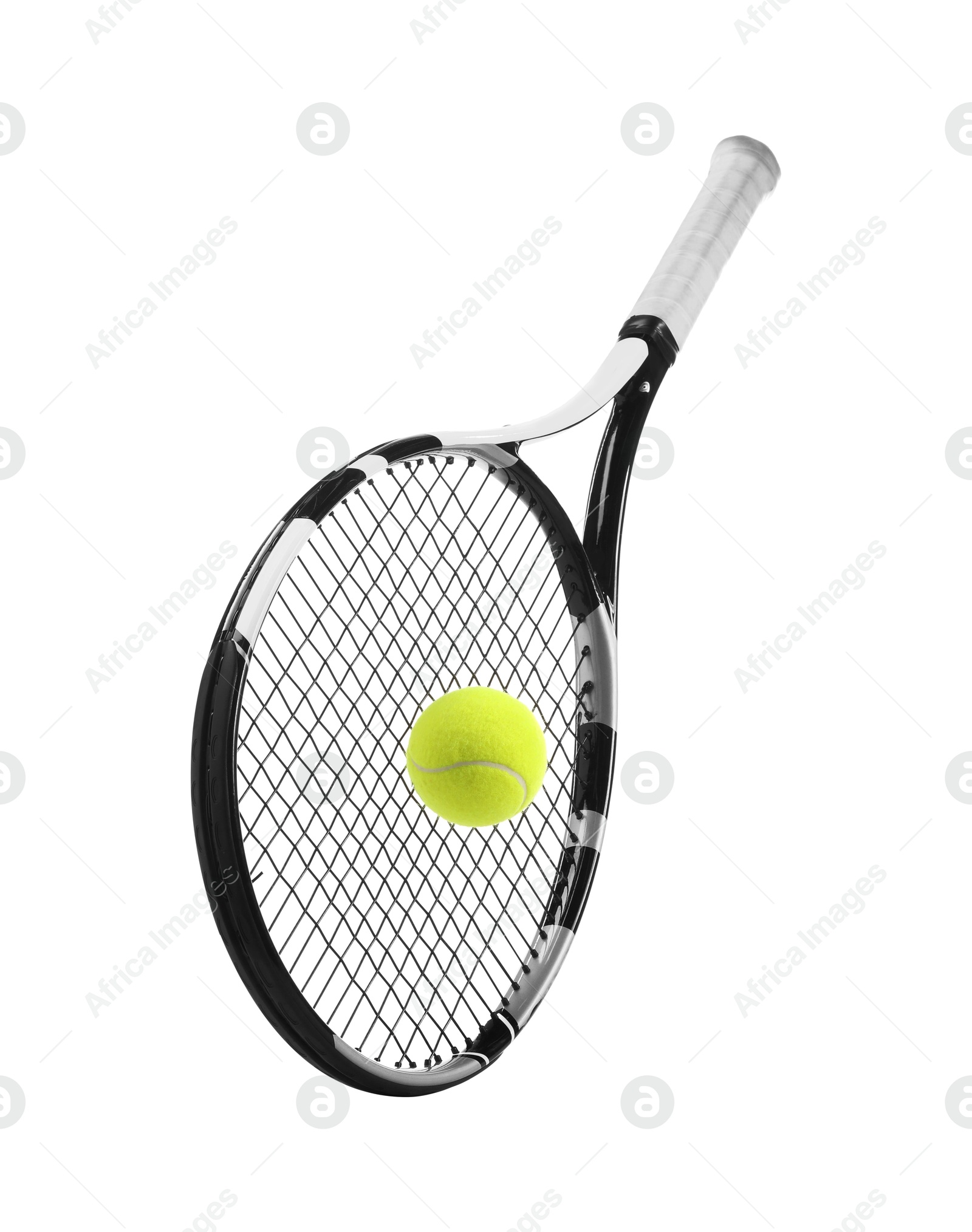 Photo of Tennis racket with ball isolated on white