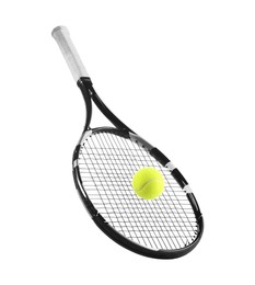 Photo of Tennis racket with ball isolated on white