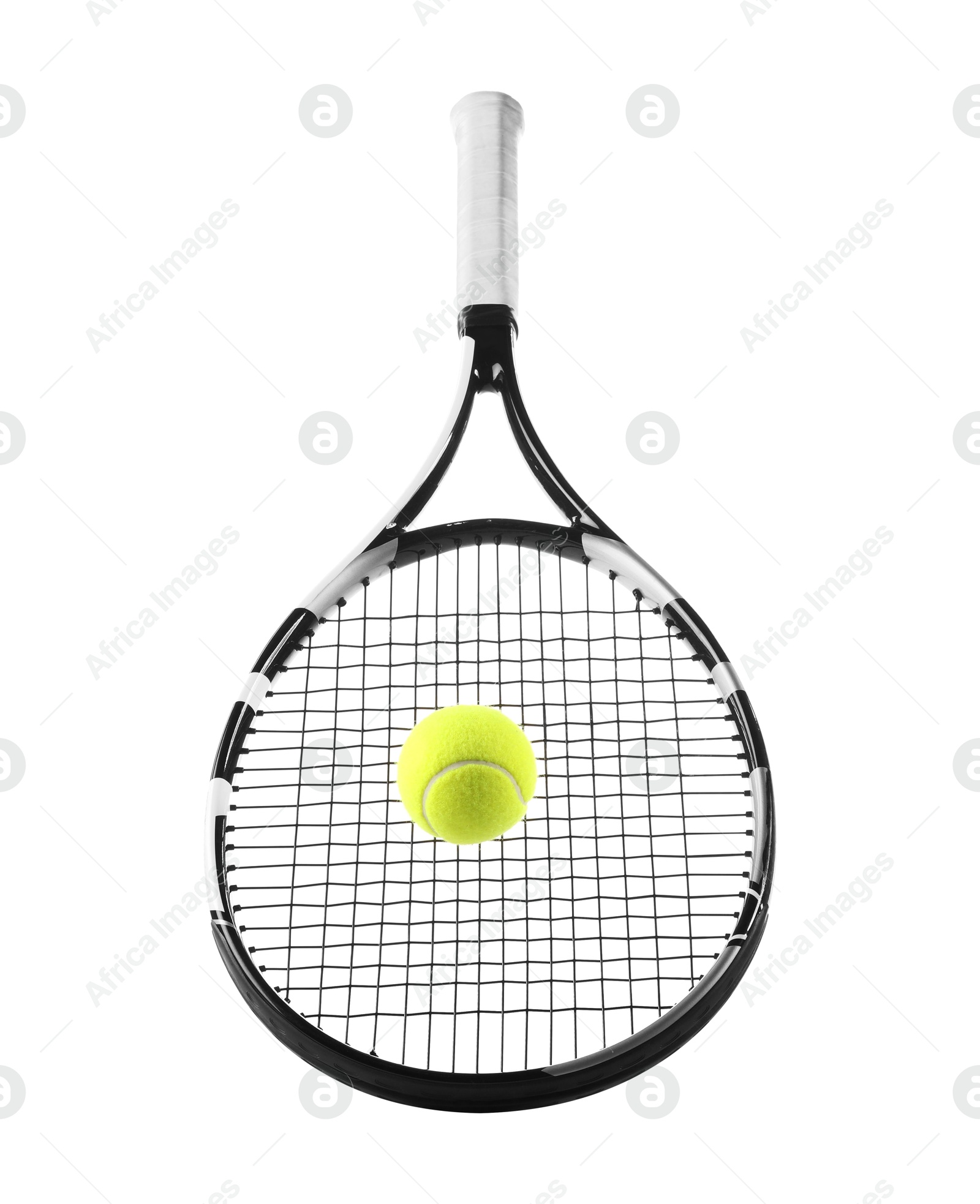 Photo of Tennis racket with ball isolated on white