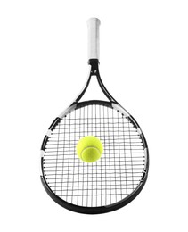 Photo of Tennis racket with ball isolated on white