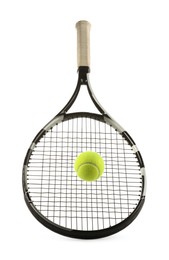 Photo of Tennis racket with ball isolated on white