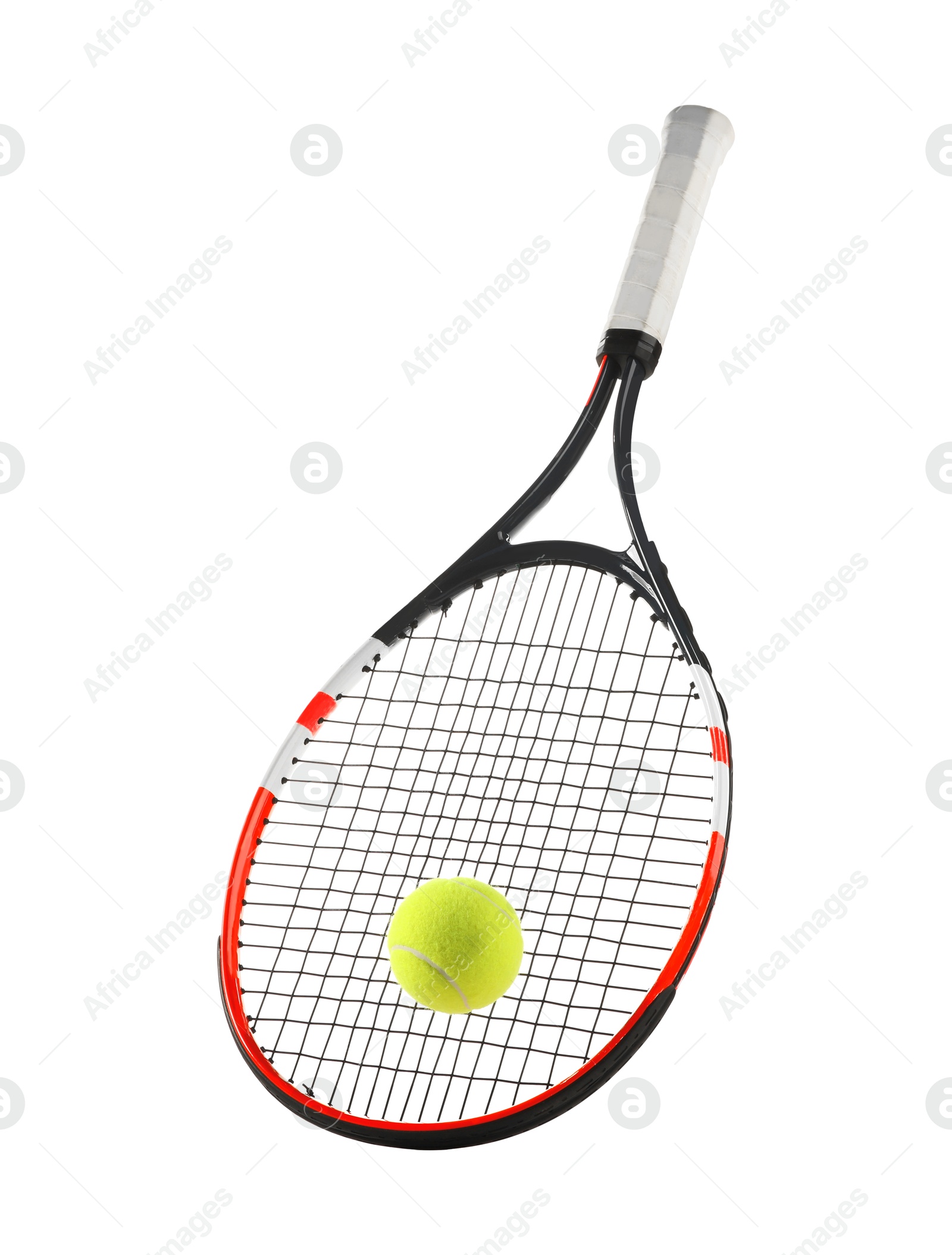 Photo of Tennis racket with ball isolated on white