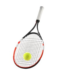 Photo of Tennis racket with ball isolated on white