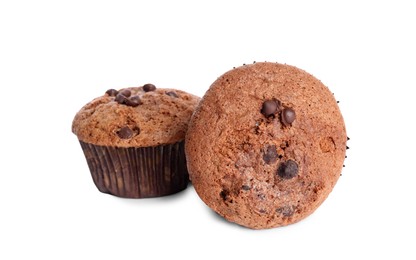 Photo of Delicious sweet muffins with chocolate chips isolated on white