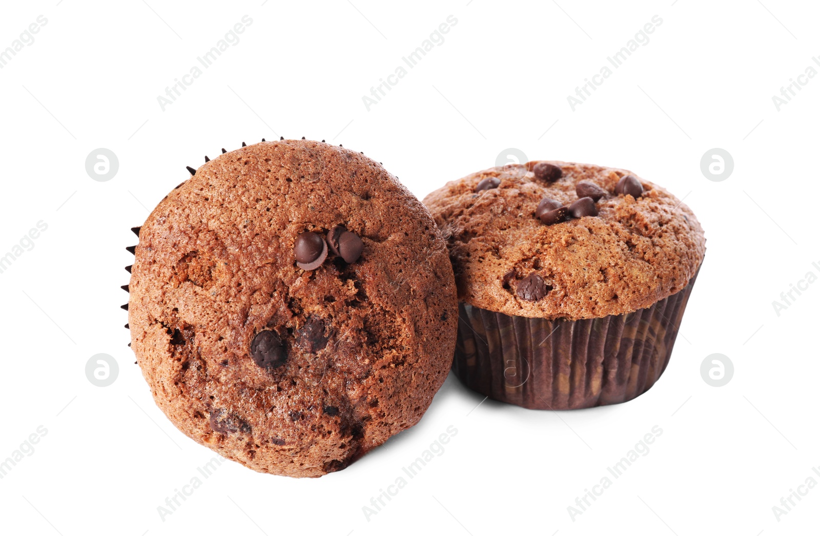 Photo of Delicious sweet muffins with chocolate chips isolated on white