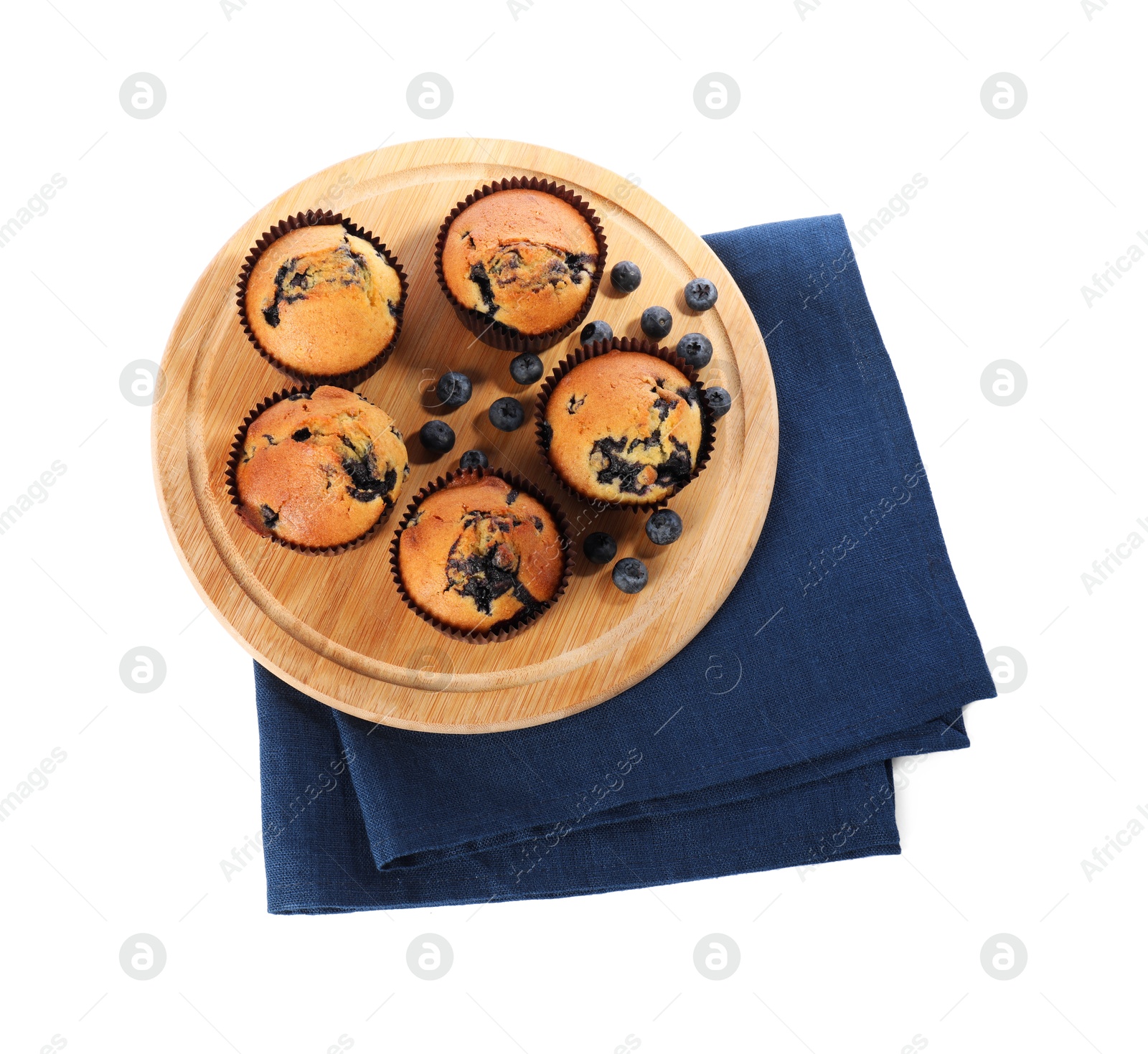 Photo of Delicious sweet muffins with blueberries isolated on white, top view