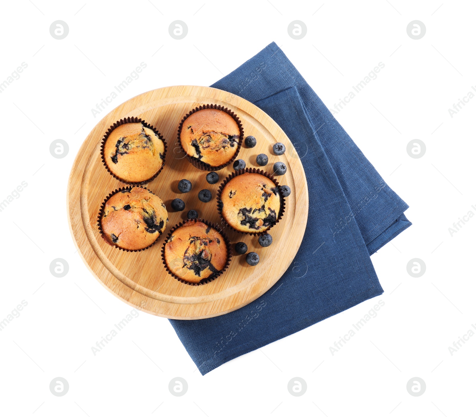 Photo of Delicious sweet muffins with blueberries isolated on white, top view