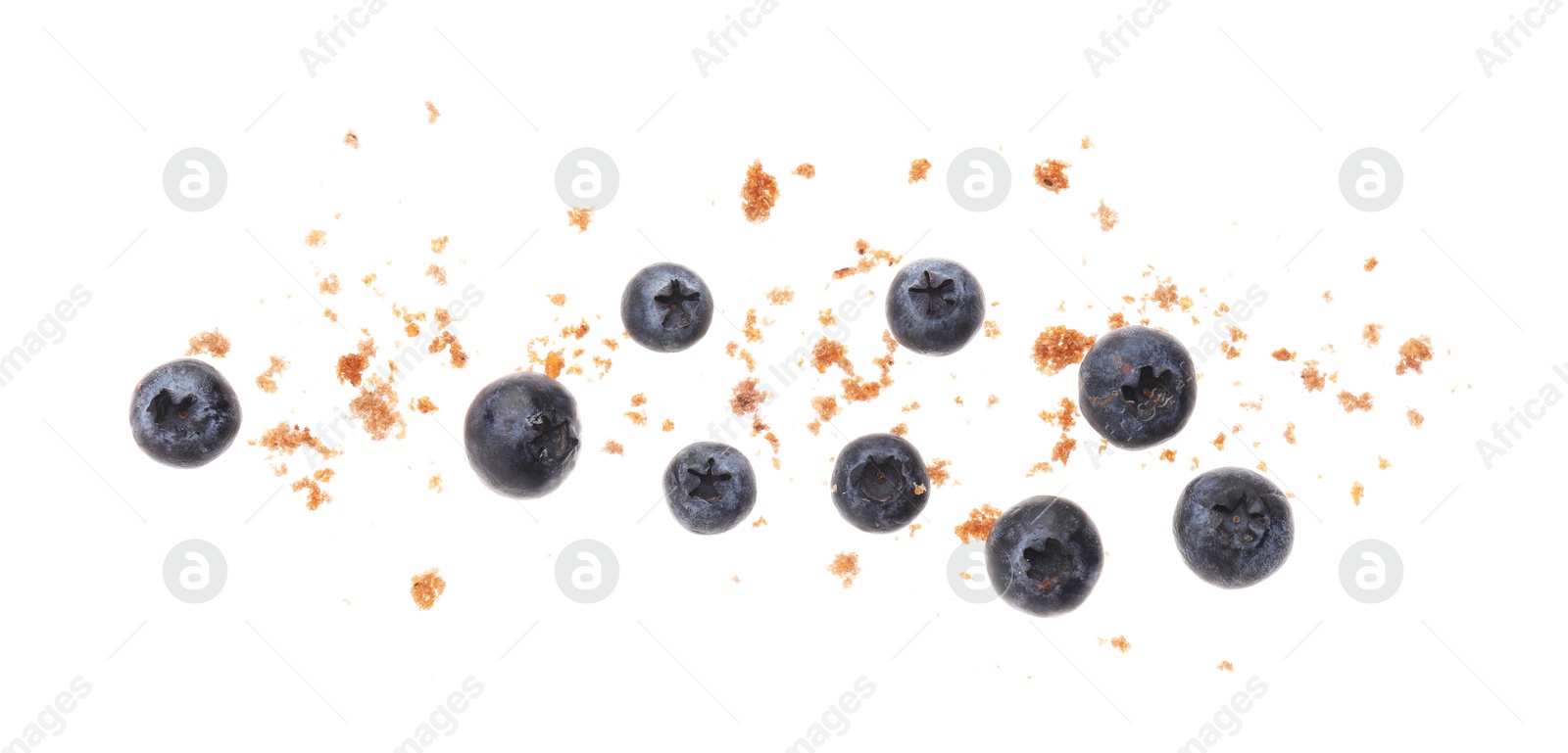 Photo of Fresh blueberries and pieces of crushed muffin isolated on white