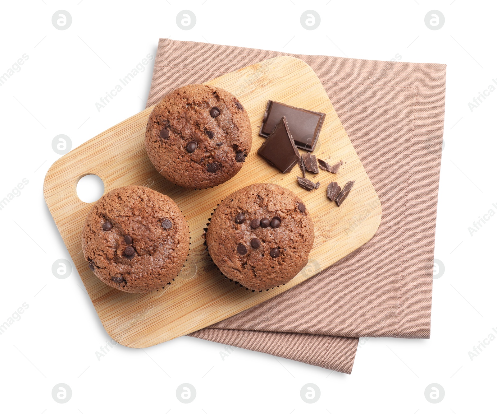 Photo of Delicious sweet muffins with chocolate chips isolated on white, top view