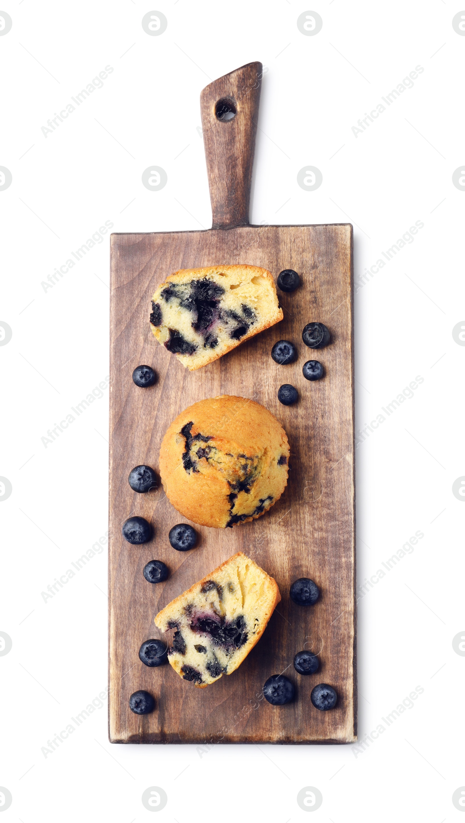 Photo of Delicious sweet muffins with blueberries isolated on white, top view