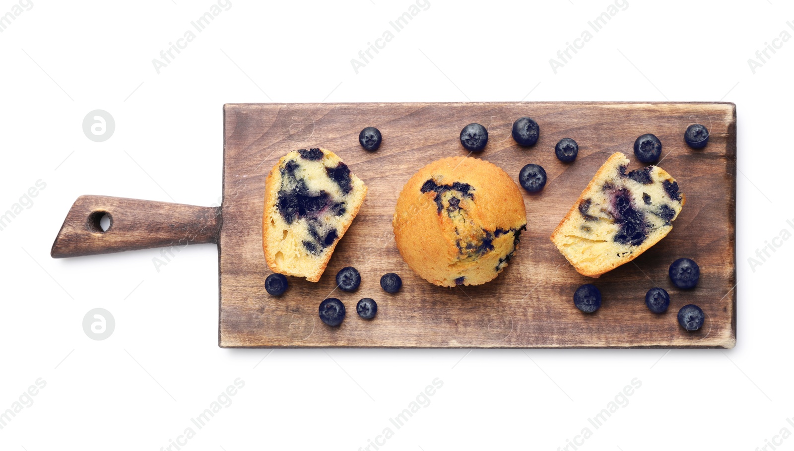 Photo of Delicious sweet muffins with blueberries isolated on white, top view