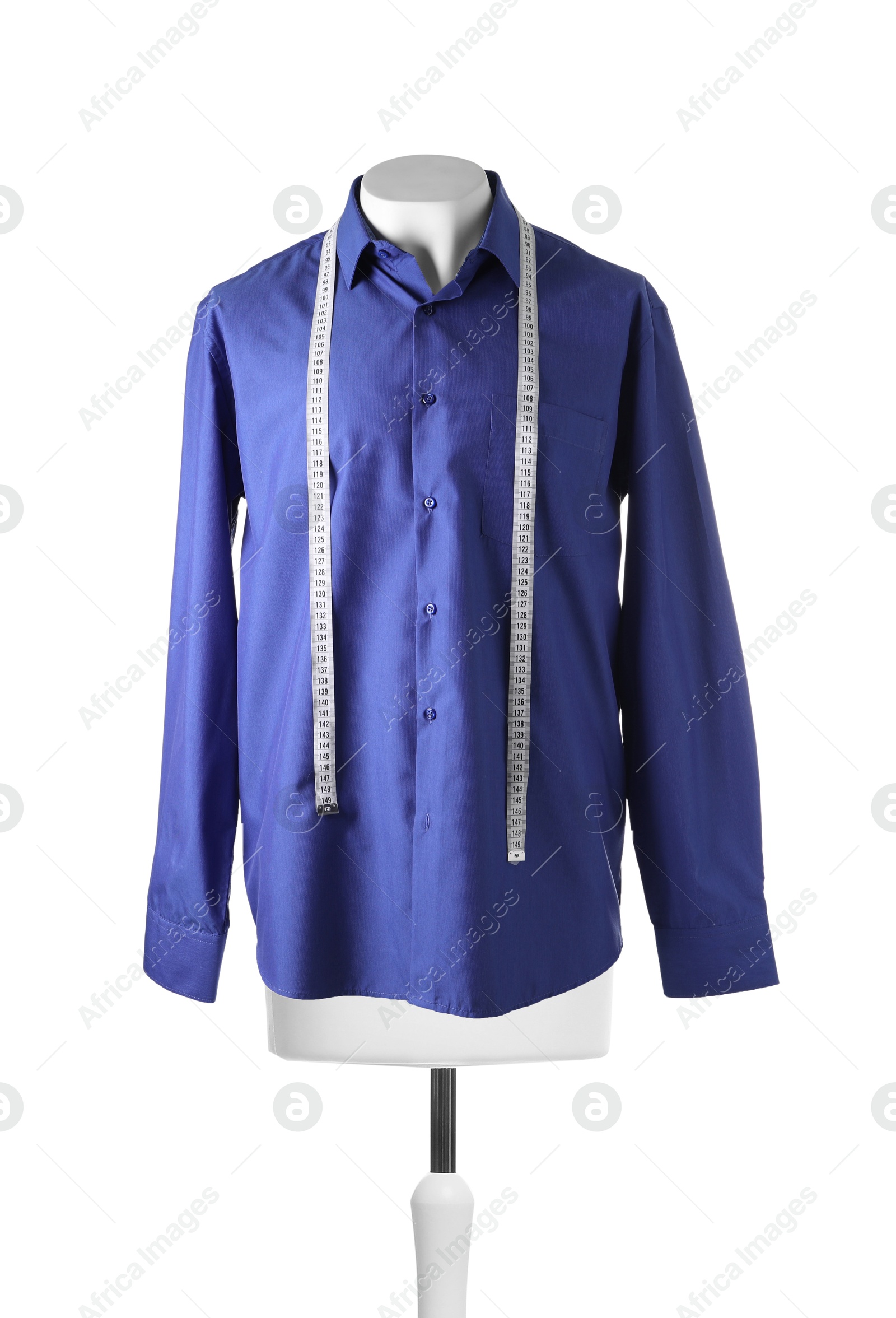 Photo of Male mannequin with shirt and measuring tape isolated on white