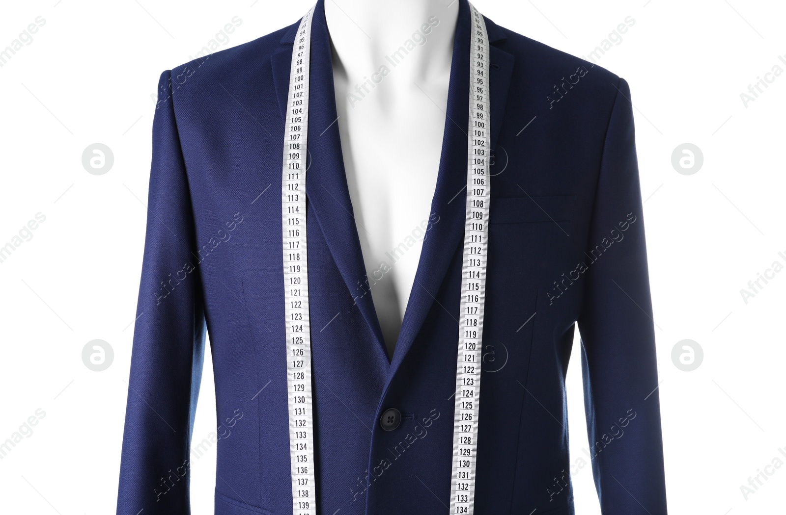 Photo of Mannequin with jacket and measuring tape isolated on white