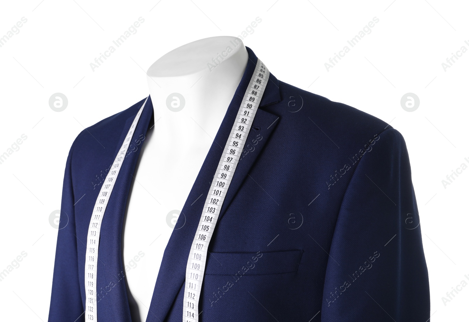 Photo of Mannequin with jacket and measuring tape isolated on white