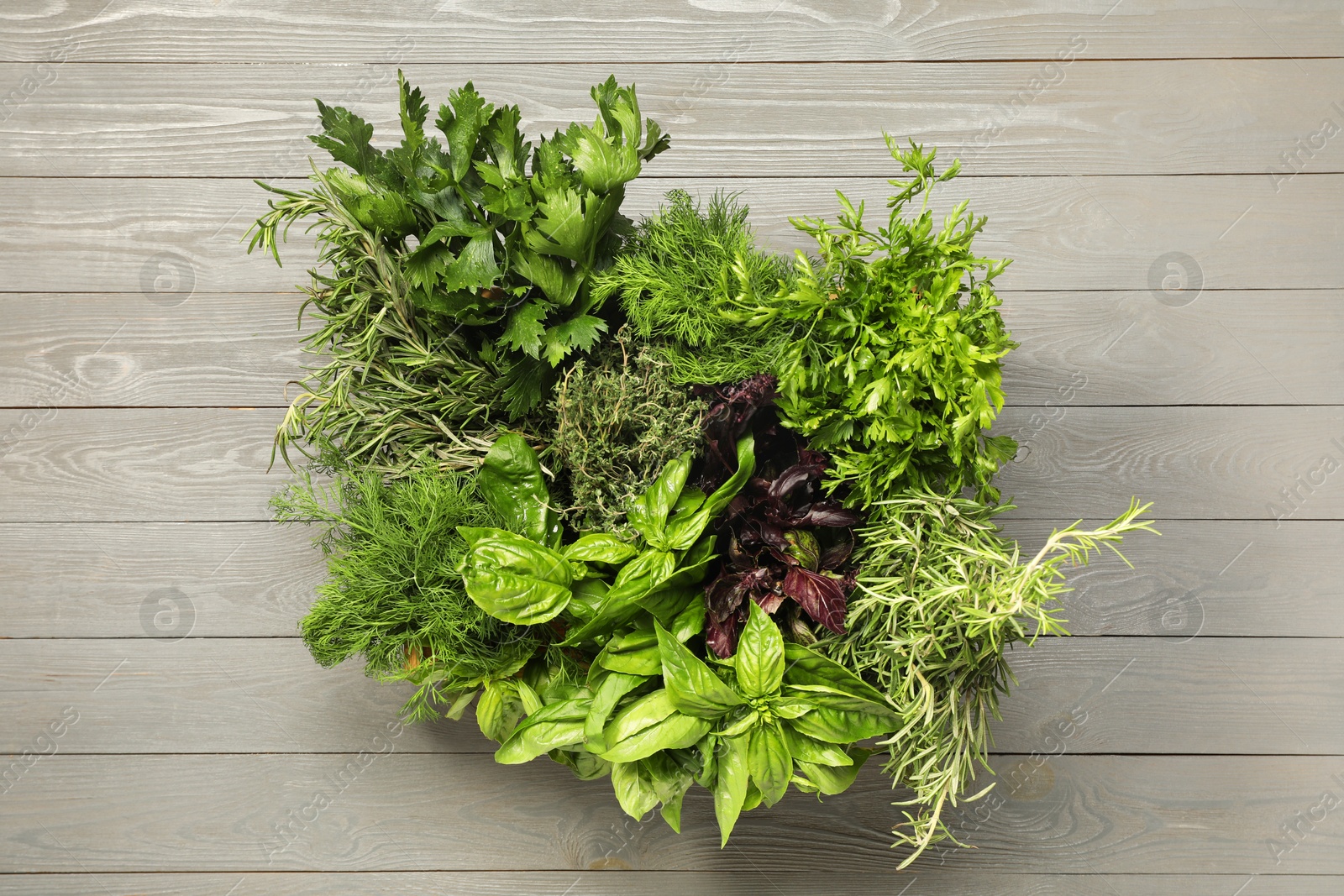 Photo of Different fresh herbs in basket on light grey wooden table, top view