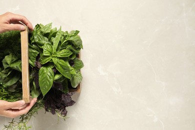 Photo of Woman holding different fresh herbs in wooden basket at light table, top view. Space for text