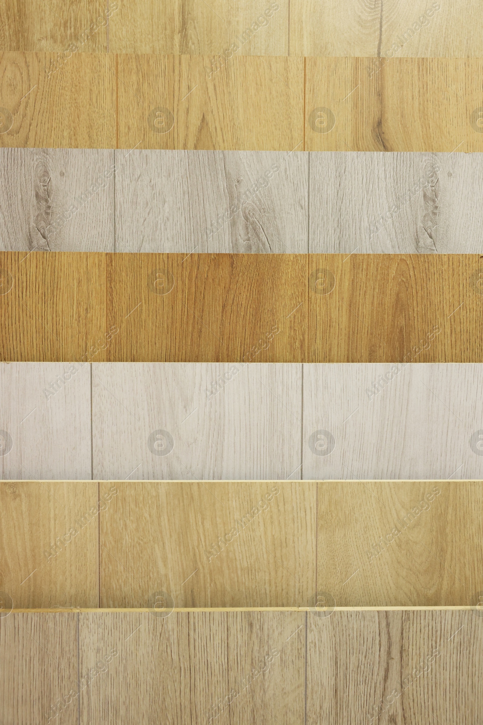 Photo of Many different samples of wooden flooring as background, closeup