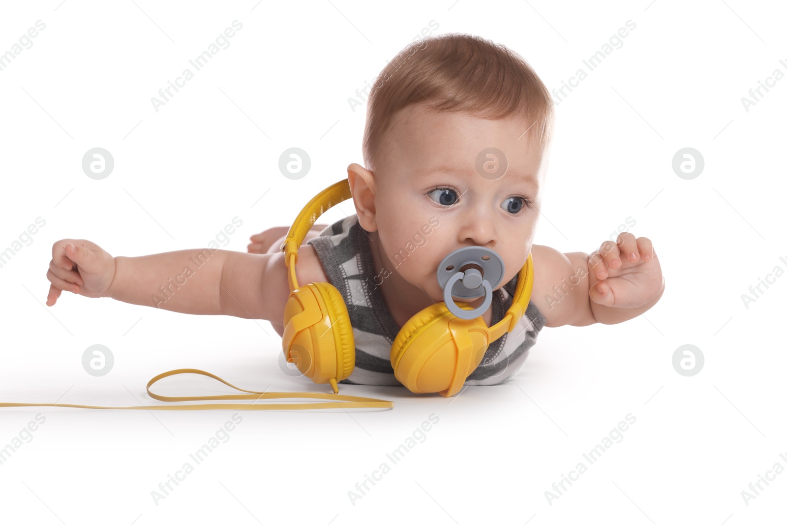 Photo of Cute little baby with pacifier and headphones on white background