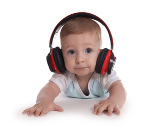 Photo of Cute little baby with headphones on white background