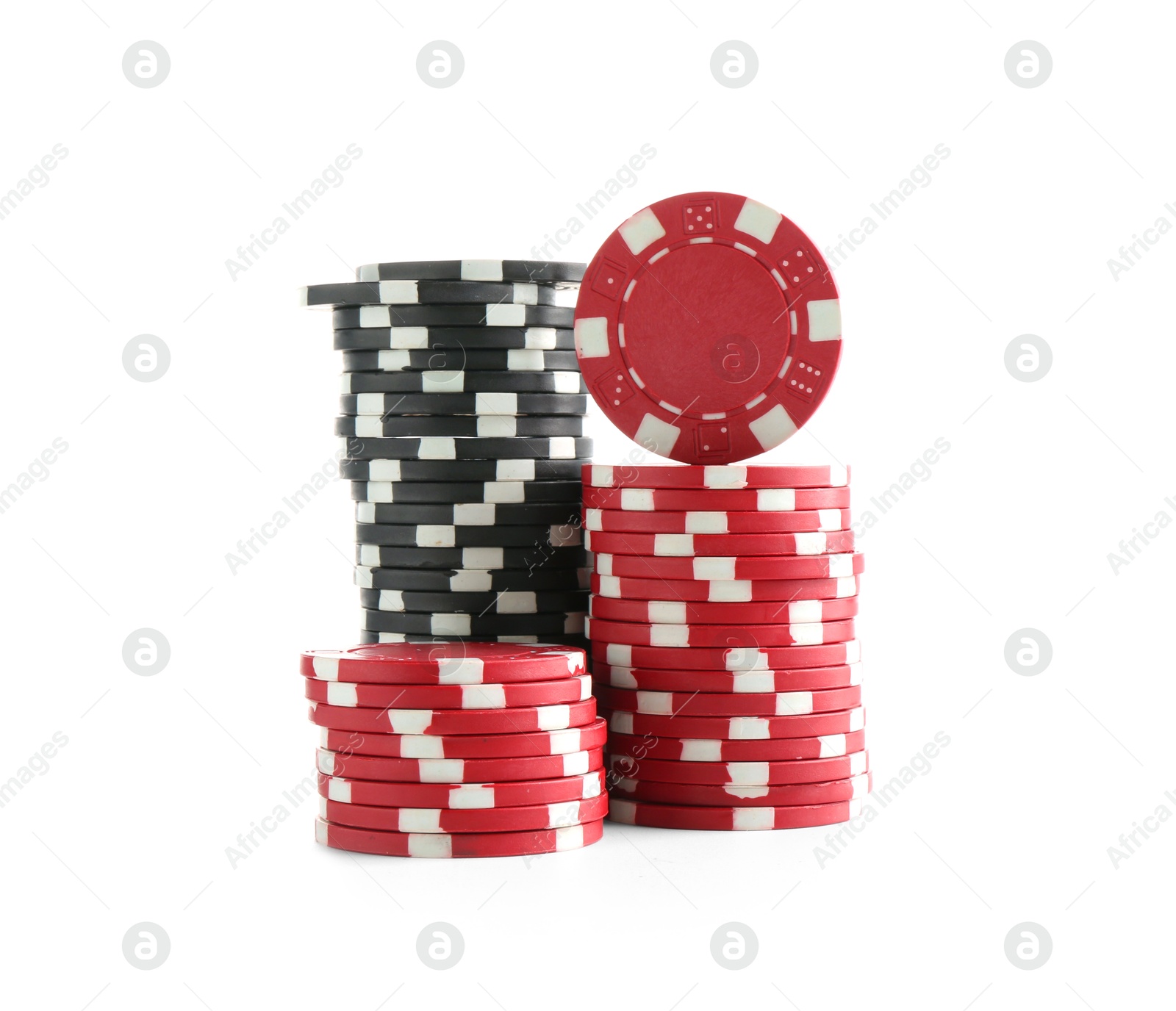 Photo of Poker game. Casino chips isolated on white