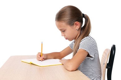 Girl with correct posture and notebook sitting at wooden desk on white background