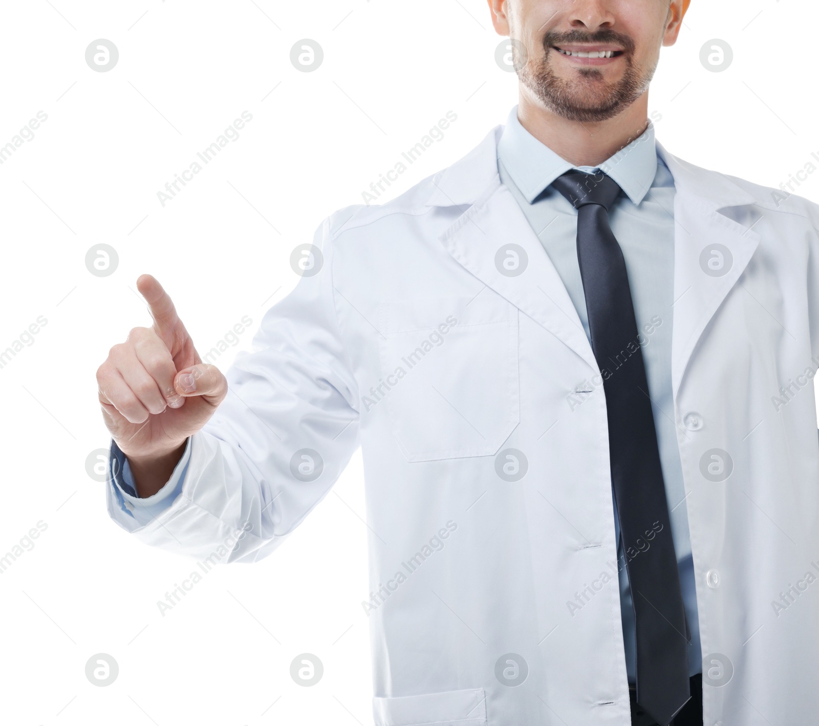 Photo of Doctor pointing at something on white background, closeup