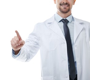 Photo of Doctor pointing at something on white background, closeup