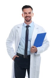 Smiling doctor with clipboard on white background