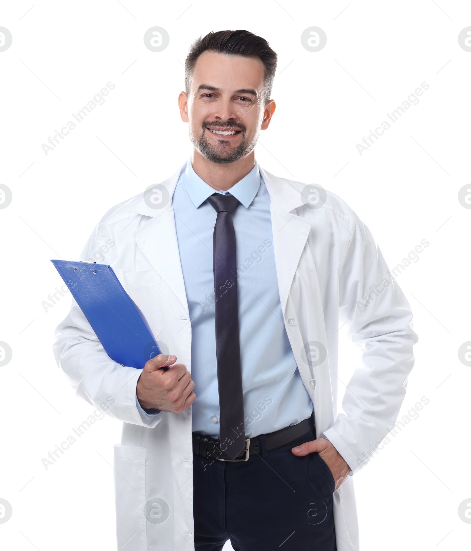 Photo of Smiling doctor with clipboard isolated on white