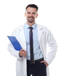 Photo of Smiling doctor with clipboard isolated on white