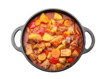 Delicious stew with vegetables in pot isolated on white, top view