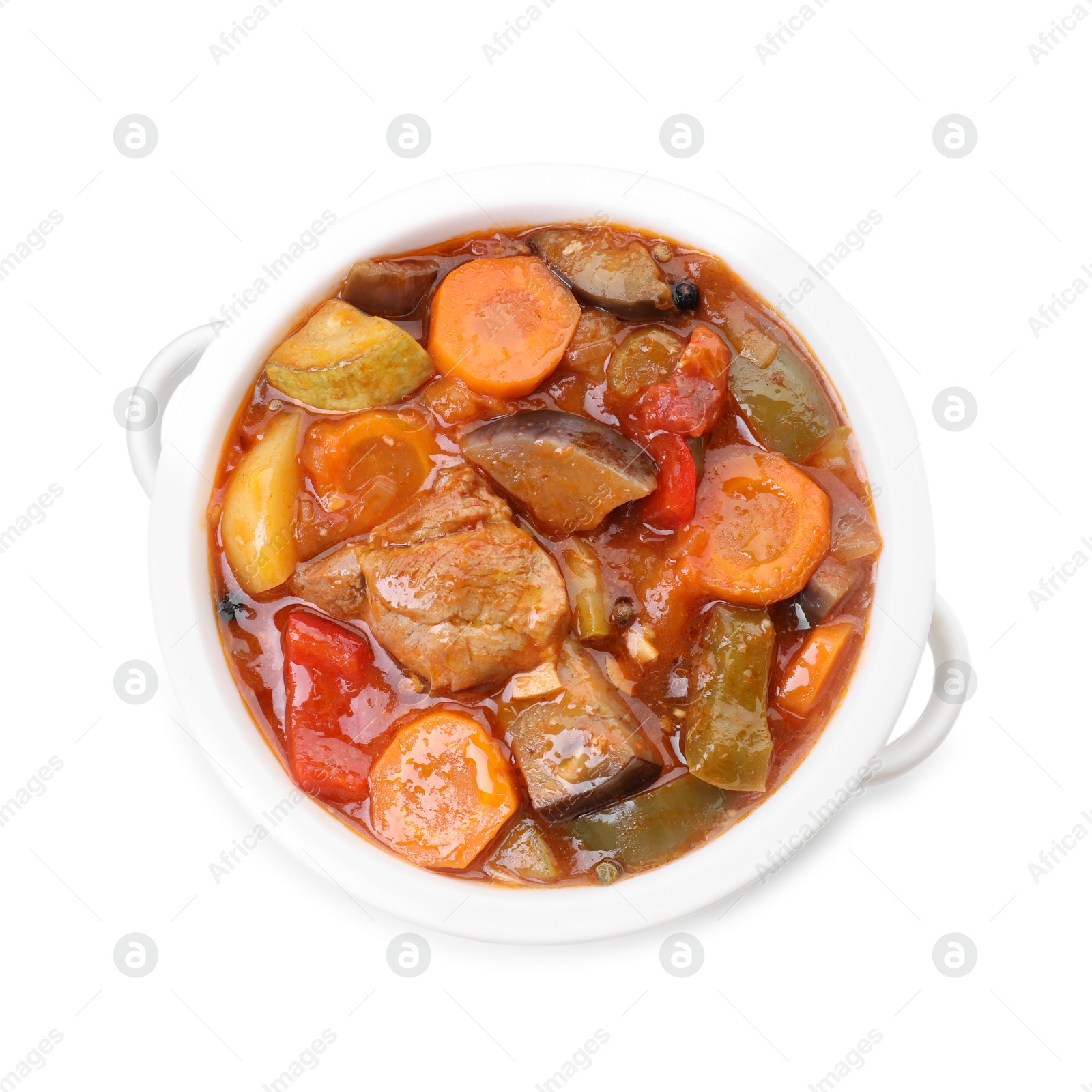 Photo of Delicious stew with vegetables in bowl isolated on white, top view