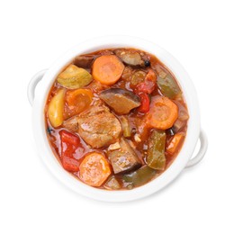 Delicious stew with vegetables in bowl isolated on white, top view