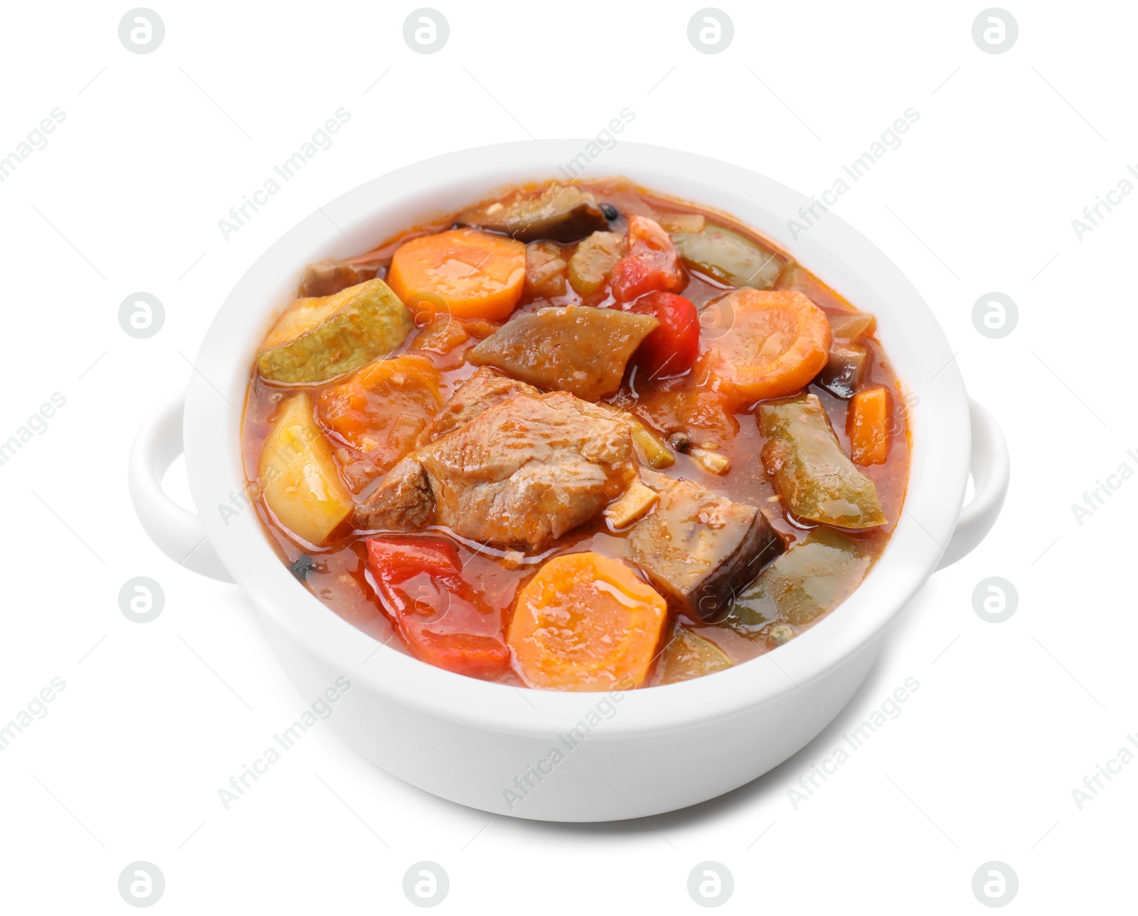 Photo of Delicious stew with vegetables in bowl isolated on white