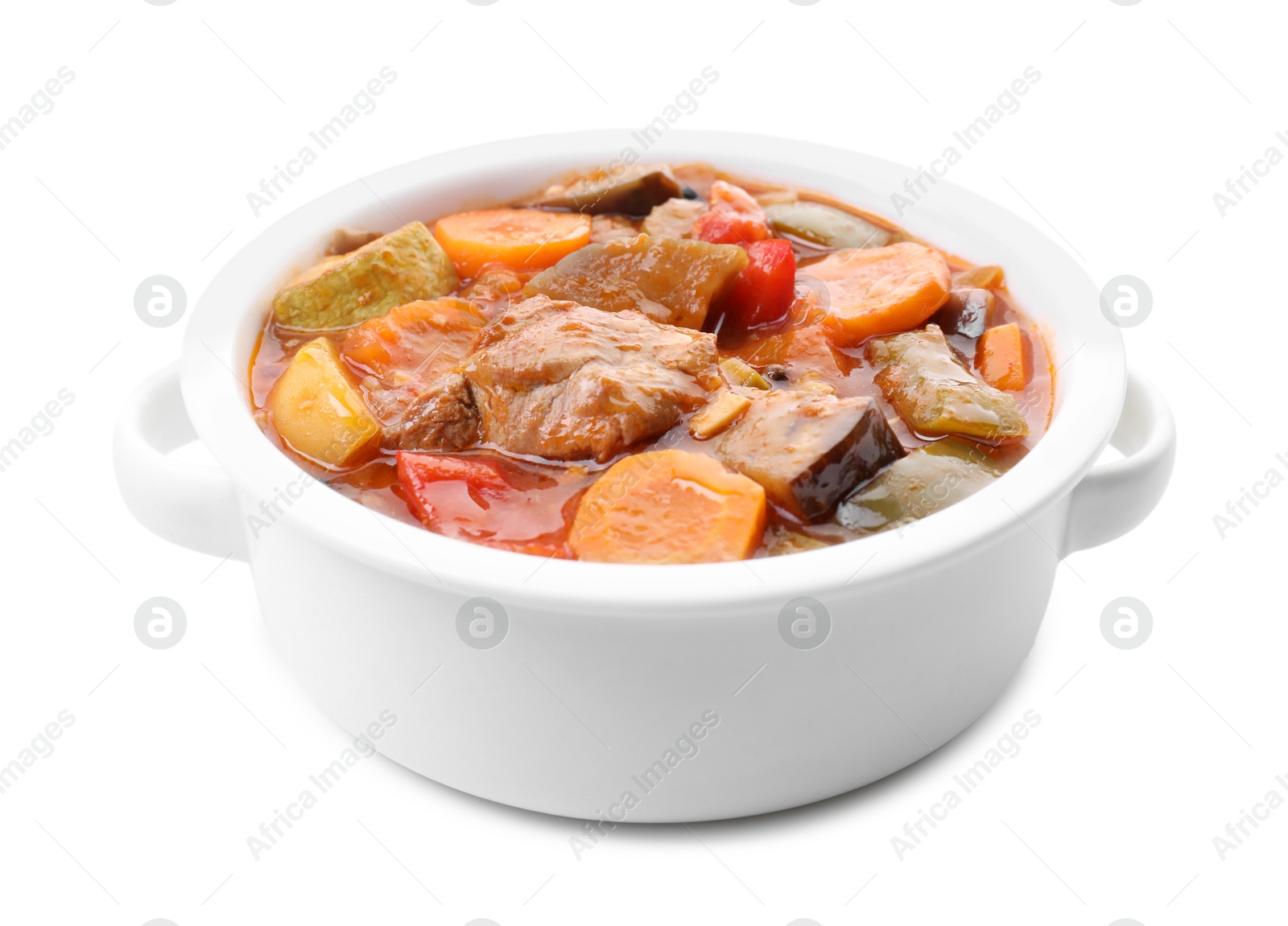 Photo of Delicious stew with vegetables in bowl isolated on white