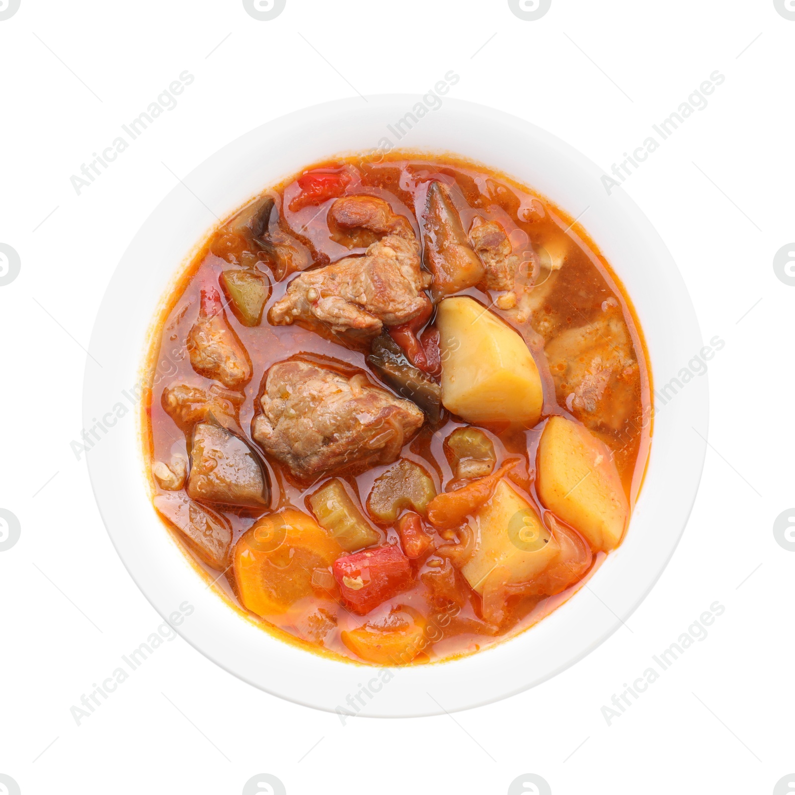 Photo of Delicious stew with vegetables in bowl isolated on white, top view