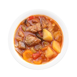 Photo of Delicious stew with vegetables in bowl isolated on white, top view